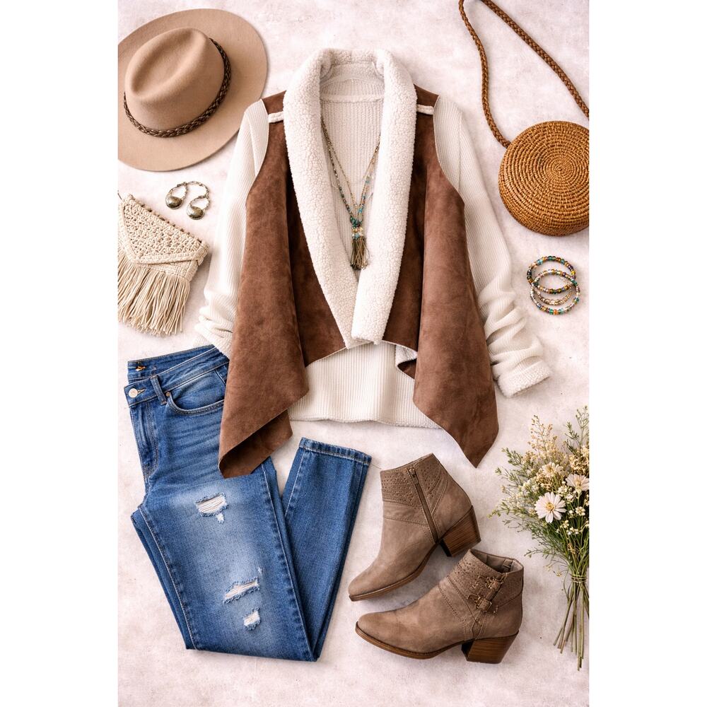 California Moonrise Sherpa Vest Womens S/M Brown Faux Suede Open Front Boho